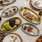 Stainless Steel Oval Serving Tray – Polished Decorative Metal Tray for Jewelry, Dessert, Table Display