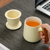 Ceramic Tea Mug with Wooden Handle – Lidded Office Cup