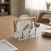 Acrylic Flatware Caddy with Bamboo Handle, 3-Compartment Silverware Organizer for Kitchen Countertop, Picnic, Party & Outdoor Dining