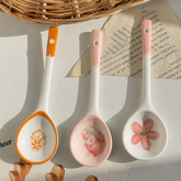 Cute Ceramic Soup Spoon – Long Handle Japanese Style Spoon with Rabbit, Cat & Cherry Blossom Designs for Dining