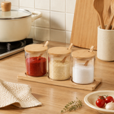 Bamboo Glass Spice Jars Set – Natural Kitchen Storage Containers with Wooden Lids & Spoons
