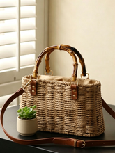 Minimalist Woven Straw Mini Square Bag – Medium Size Handbag with Stitching Detail