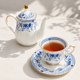 Luxury Porcelain Coffee Set – Blue Floral & Gold Trim Cups for Tea & Coffee