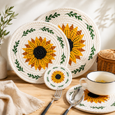 Farmhouse Sunflower Cotton Rope Placemat, Round Heat Resistant Table Mat & Trivet