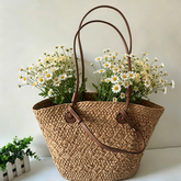 Large Woven Straw Tote Bag – Chinese Inspired Plaid Design Handbag for Summer Travel & Daily Use