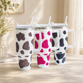 40oz Stainless Steel Cow Print Rhinestone Insulated Tumbler With Handle Large Travel Mug Sparkle Cup