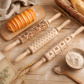 Christmas Wooden Embossing Rolling Pin – Engraved Cookie Dough Roller for Holiday Baking & DIY Crafts