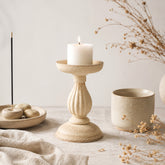 Rustic Raw Wood‑Look Pillar Candle Holder, Vintage Carved Candlestick for Table Decor