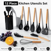 12-Piece Silicone Kitchen Utensil Set with Wooden Handles for Nonstick Cookware