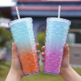 710ml Dual Tone Gradient Fish Scale Water Cup – Large Capacity AS Plastic Stylish Summer Tumbler