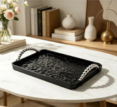 Glossy Black Ripple Surface Rectangular Plastic Tray Contemporary Serving Tray Sleek Countertop Organizer Display Platter