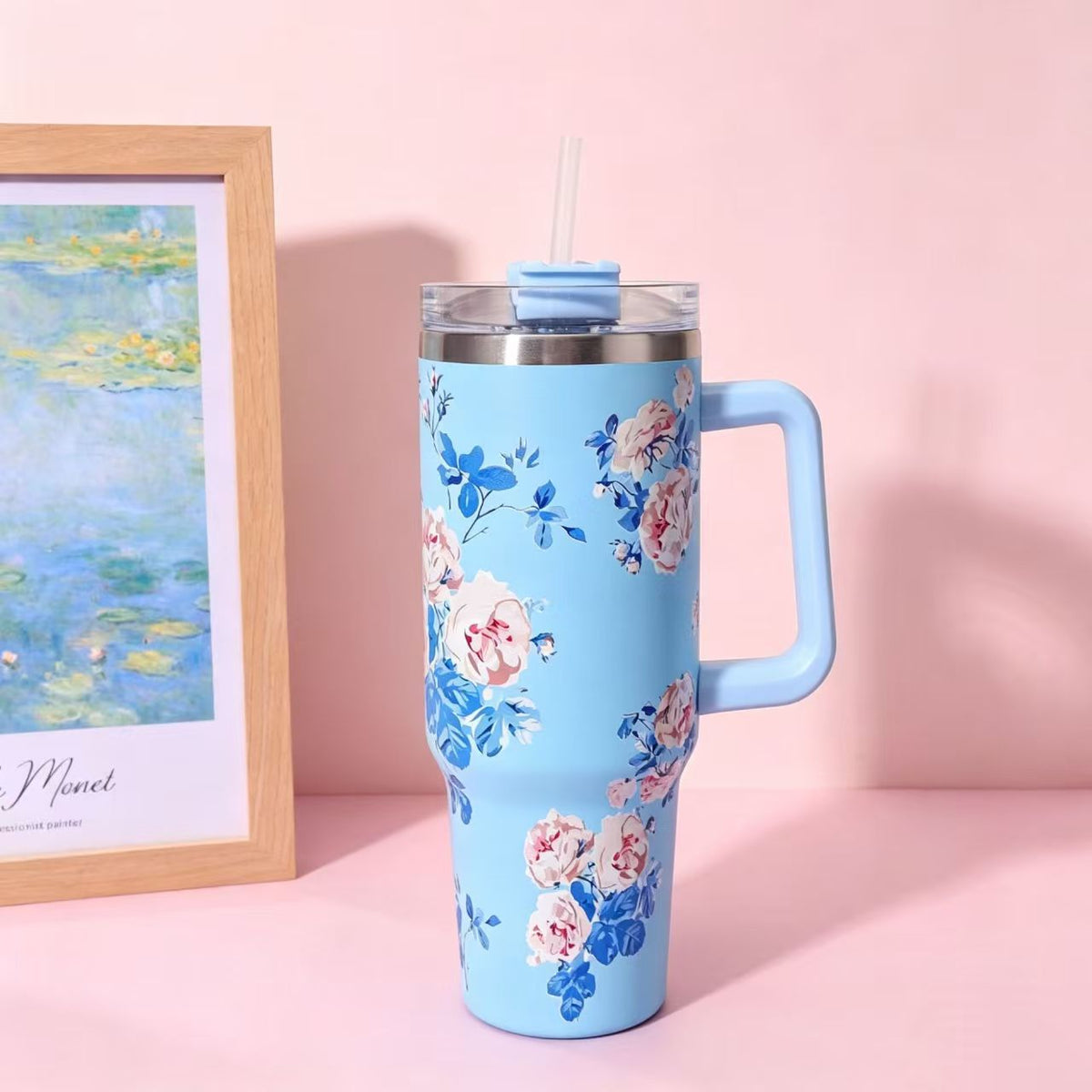 40oz Floral Stainless Steel Insulated Travel Tumbler with Straw & Handle – Large Capacity Reusable Drink Cup