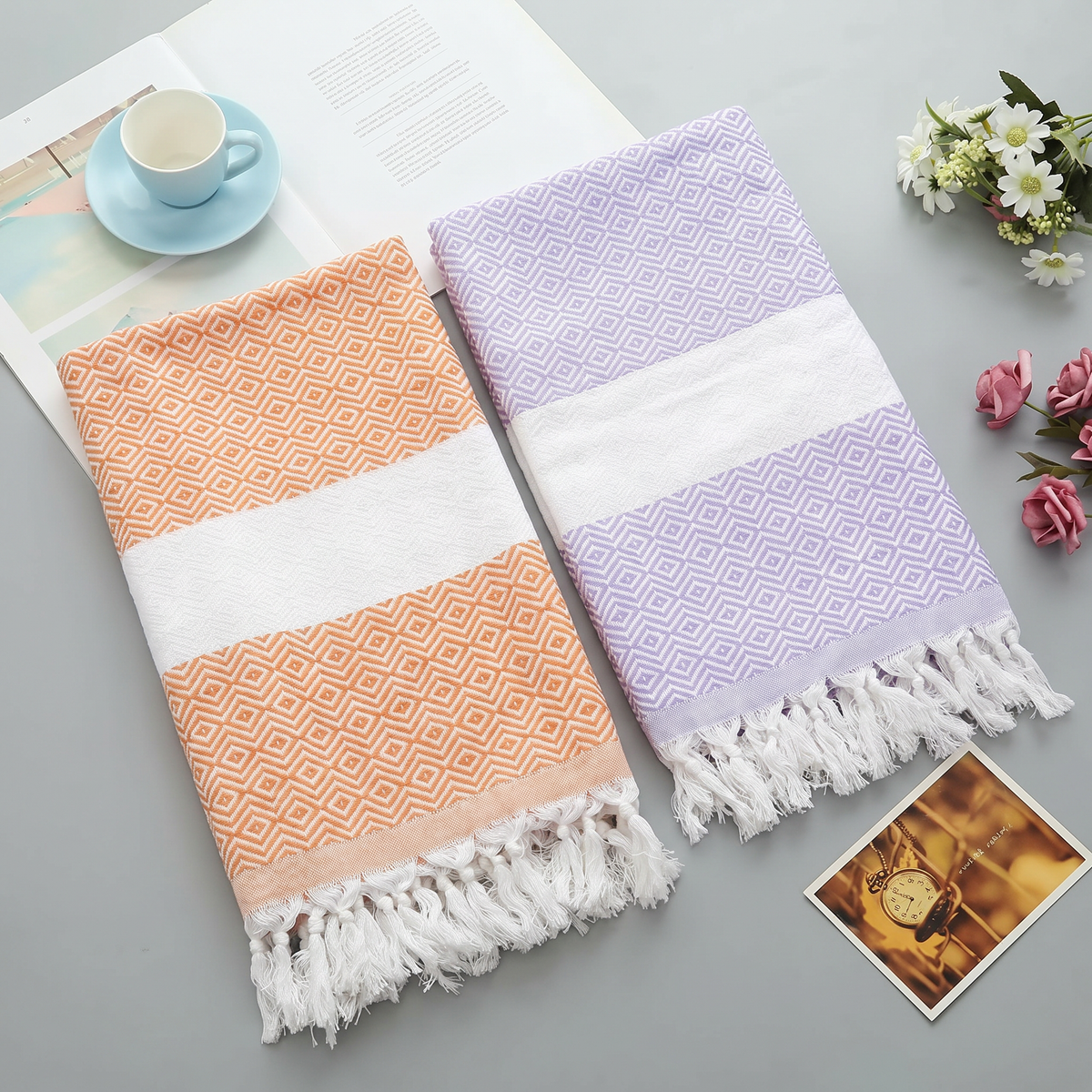 Boho Turkish Cotton Beach Towel Diamond Weave Tassel Throw Lightweight Bath Picnic Towel 1x1.8m