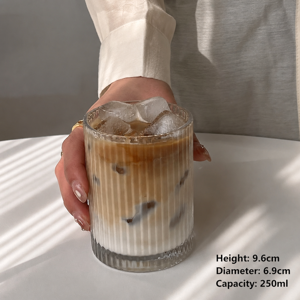 Vertical Striped High Borosilicate Glass Cup 250ml, Round Iced Latte Coffee Tumbler