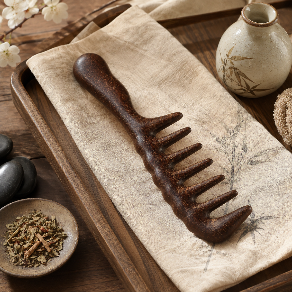 Grade-A Golden Sandalwood Seven-Tooth Massage Comb – Wide Tooth Wooden Scalp Massage Hair Comb