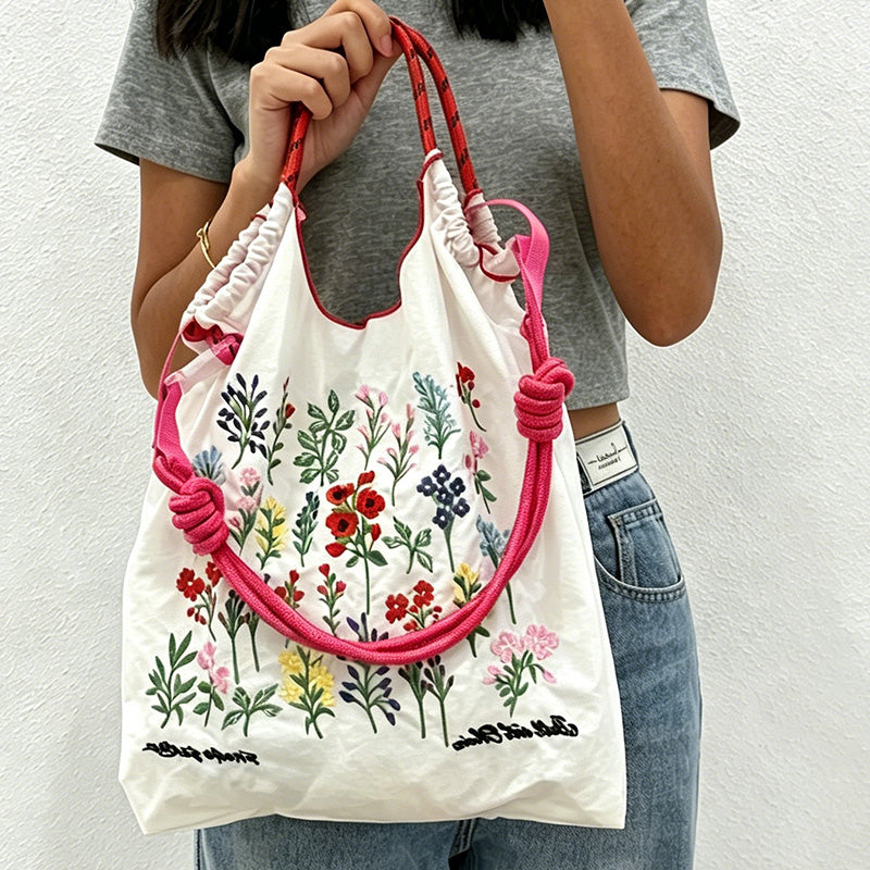 Wildflower Embroidery Tote Bag – Floral Canvas Shopping Bag for Grocery, Market & Daily Carry