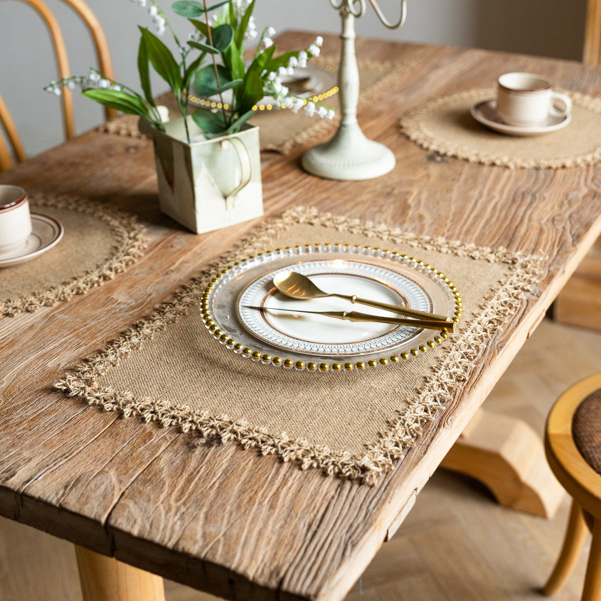 Farmhouse Vintage Jute Placemat with Tassels, Round Bowl Mat, Rectangular Heat Resistant Table Mat & Napkin