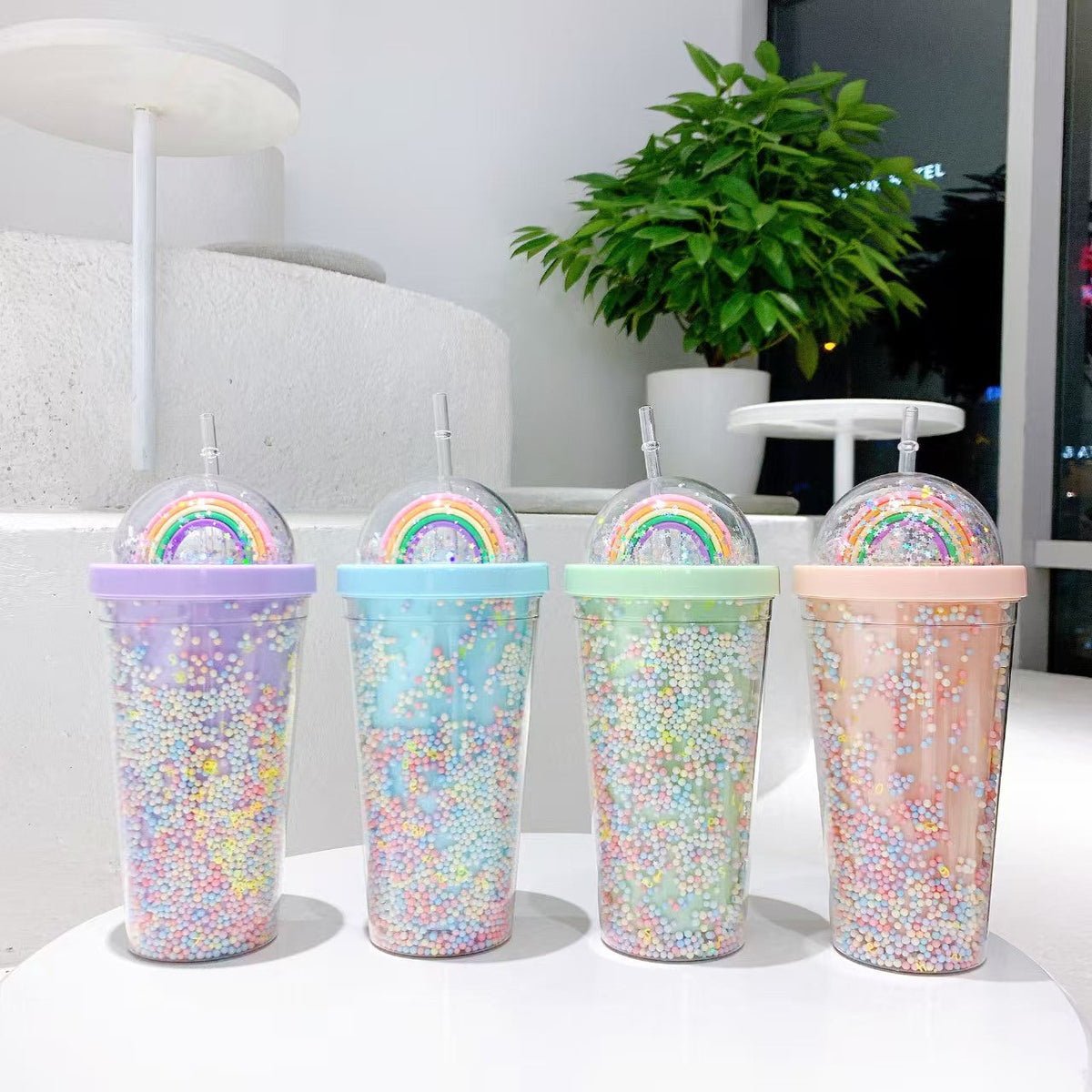 Rainbow Bubble Straw Cup 550ml – Cute Summer Portable PS & Silicone Tumbler with Straw for Girls