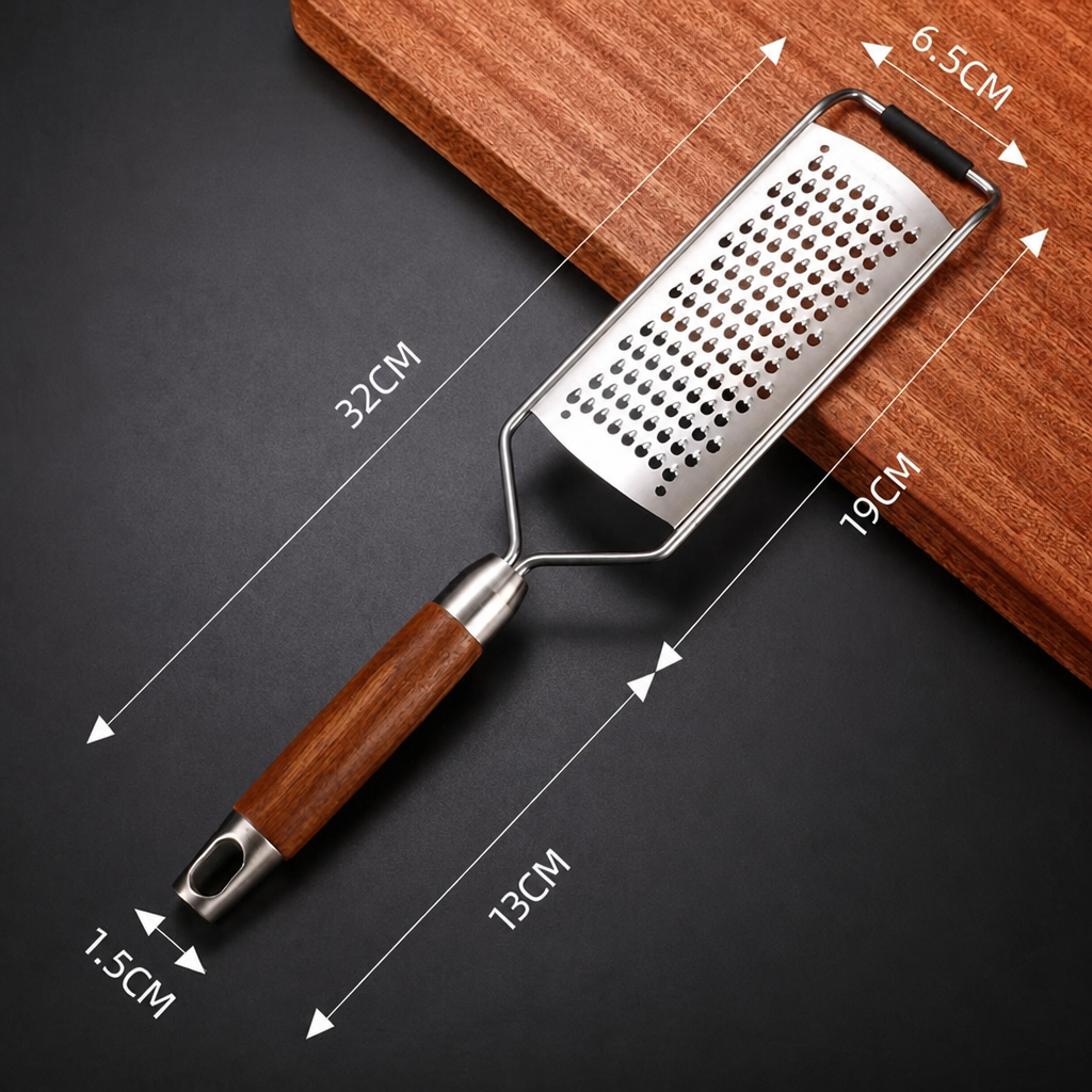 Stainless Steel Multifunctional Grater with Wood Handle, 4-in-1 Kitchen Shredder & Slicer for Potato, Carrot, Cucumber, and Cheese