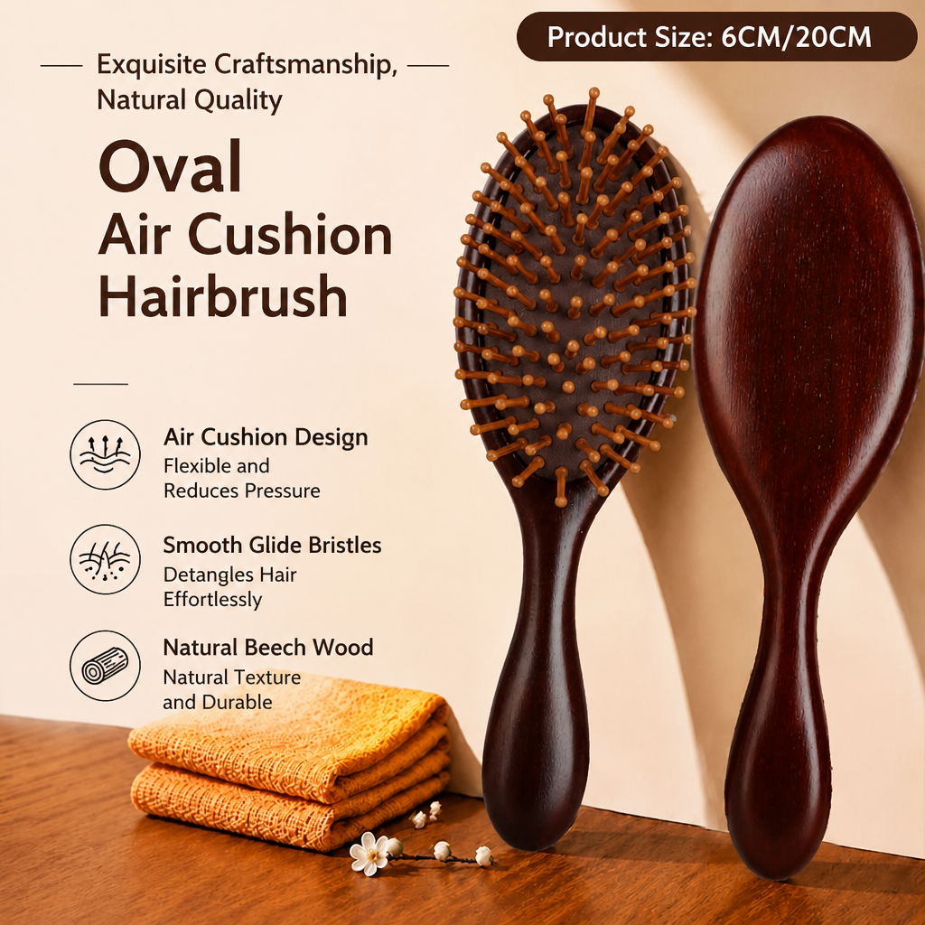 Natural Wood Air Cushion Hair Brush – Gentle Anti-Static Detangling Massage Comb