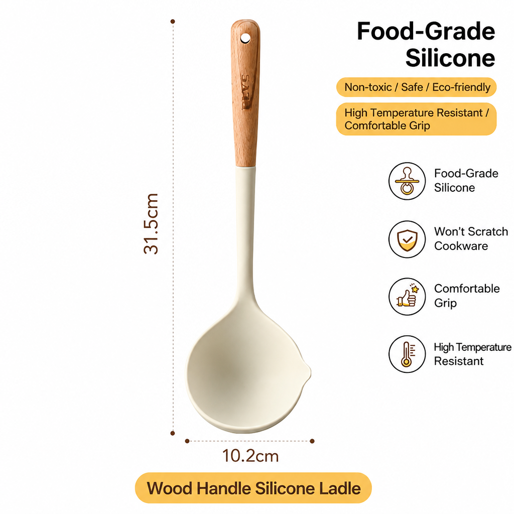 Silicone Soup Ladle – Heat Resistant Cooking Spoon with Wooden Handle, Large Capacity Kitchen Serving Ladle