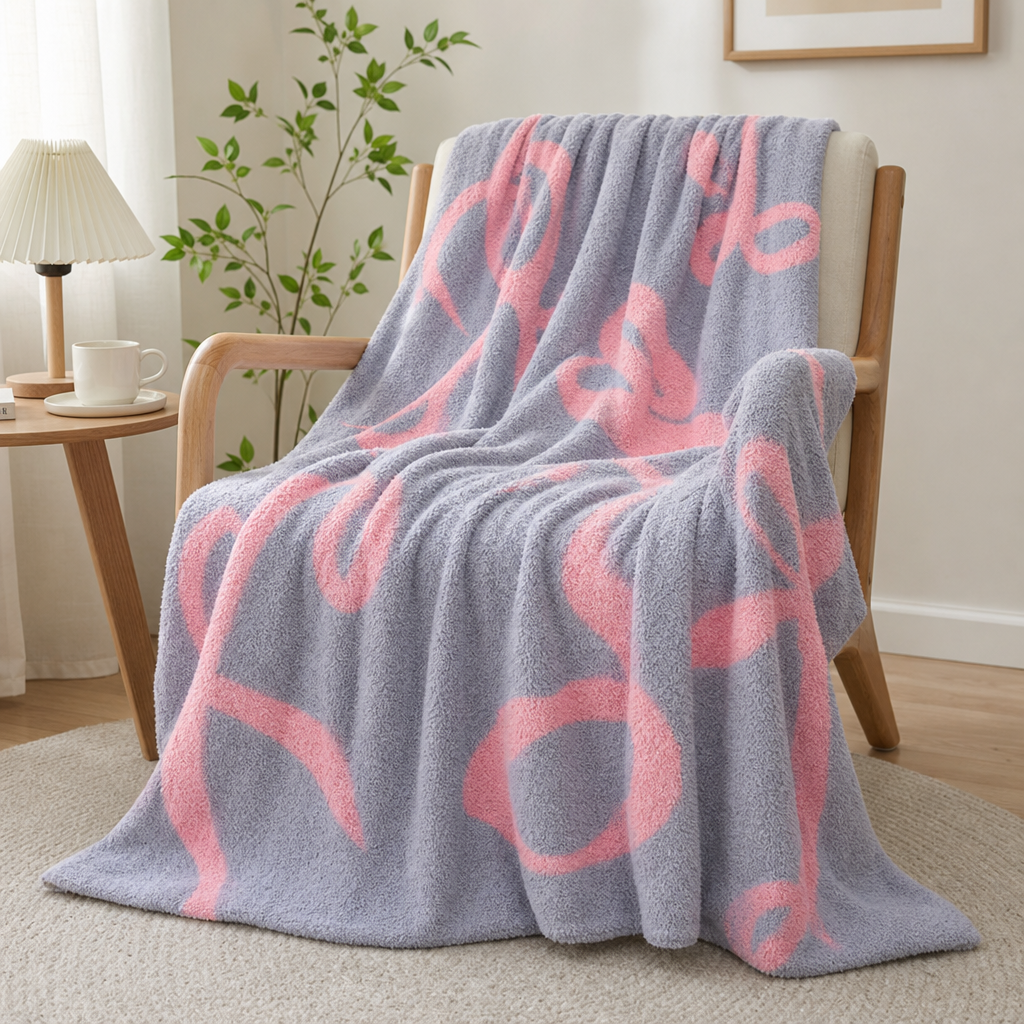 Bow Knit Half-Plush Throw Blanket Soft Cozy Sofa Blanket Warm Decorative Home Blanket