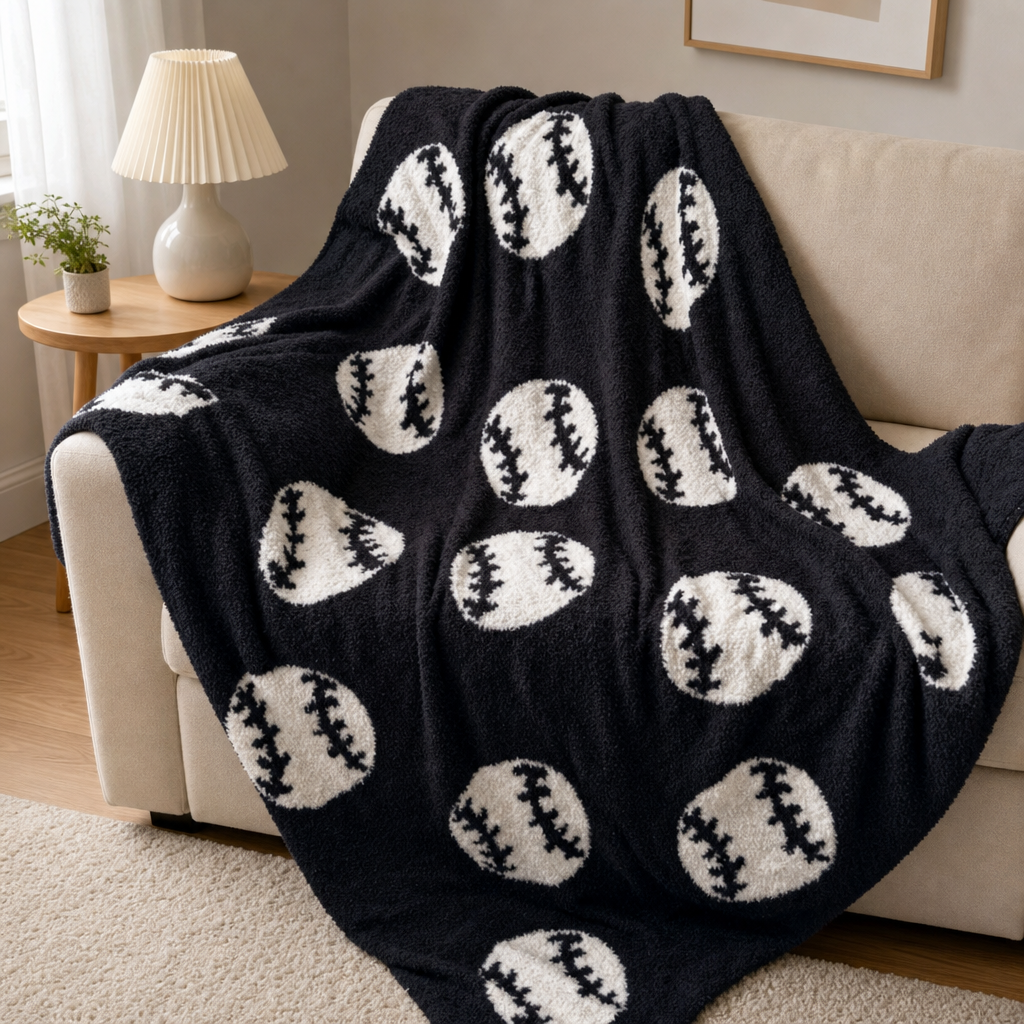 Baseball Print Flannel Throw Blanket Sports Theme Soft Warm Nap Blanket for Sofa Bed and Home