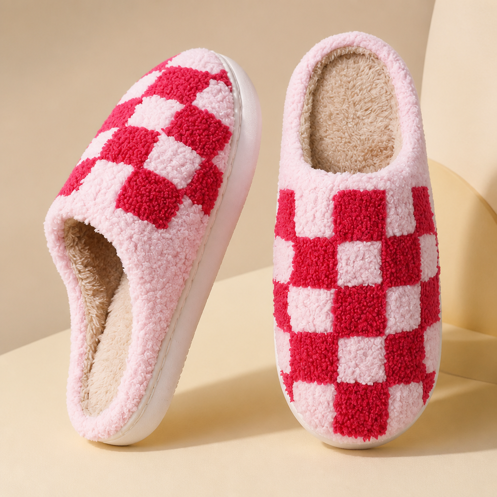 Checkerboard Plush House Slippers – Warm Non-Slip Indoor Winter Slippers