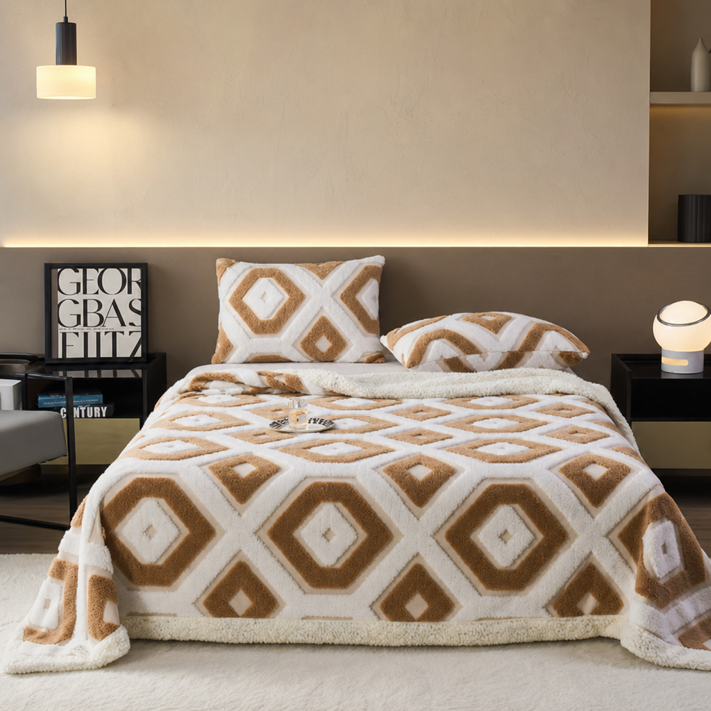 Dual-Tone 3D Jacquard Sherpa Fleece Blanket – Double-Layer Thick Warm Plush Throw for Sofa