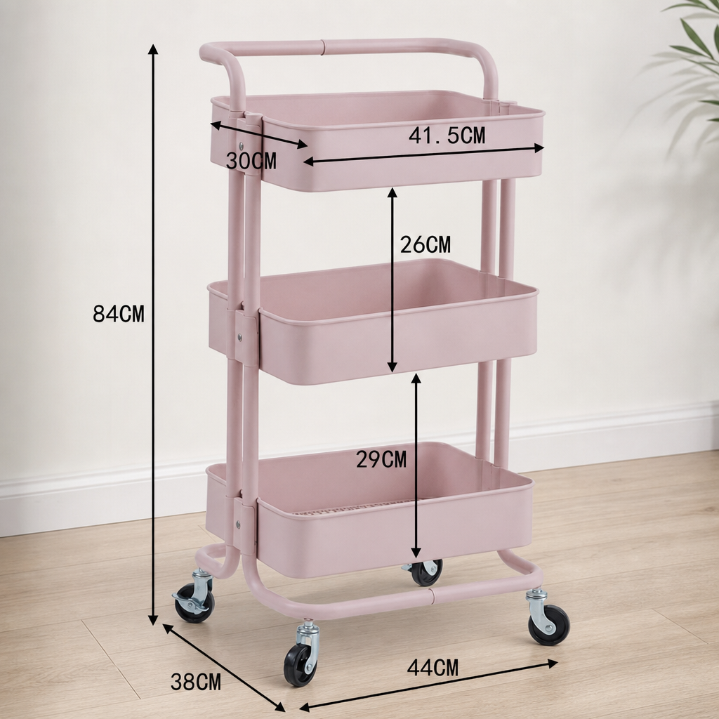 3-Tier Carbon Steel Rolling Storage Cart – Mobile Kitchen Organizer with Handle