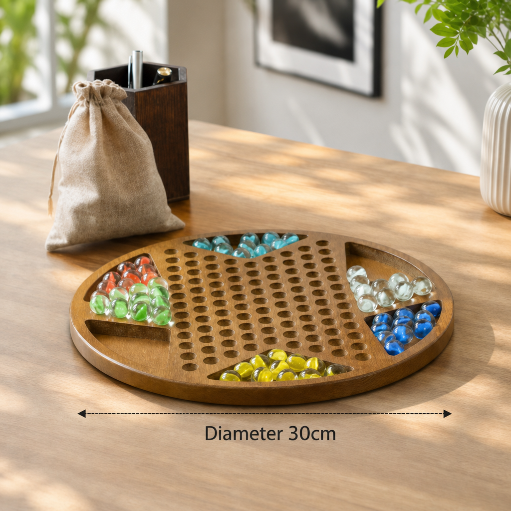 Wooden Marble Jumping Checkers Board Game – Classic Glass Bead Strategy Puzzle Toy