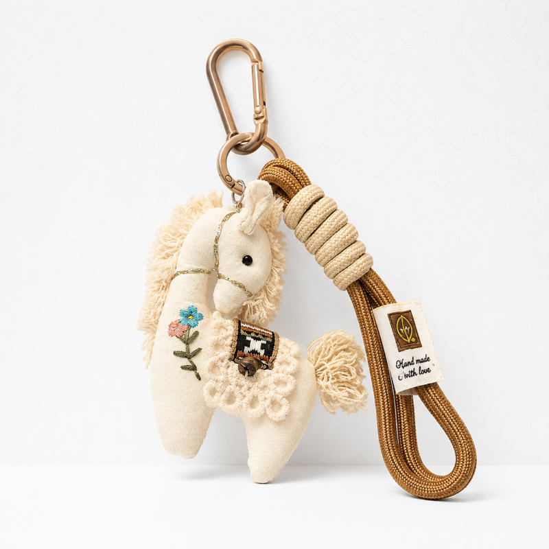 Vintage Horse Bag Charm – Cotton Linen Pony Pendant, Embroidered Animal Keychain for Backpack & Purse