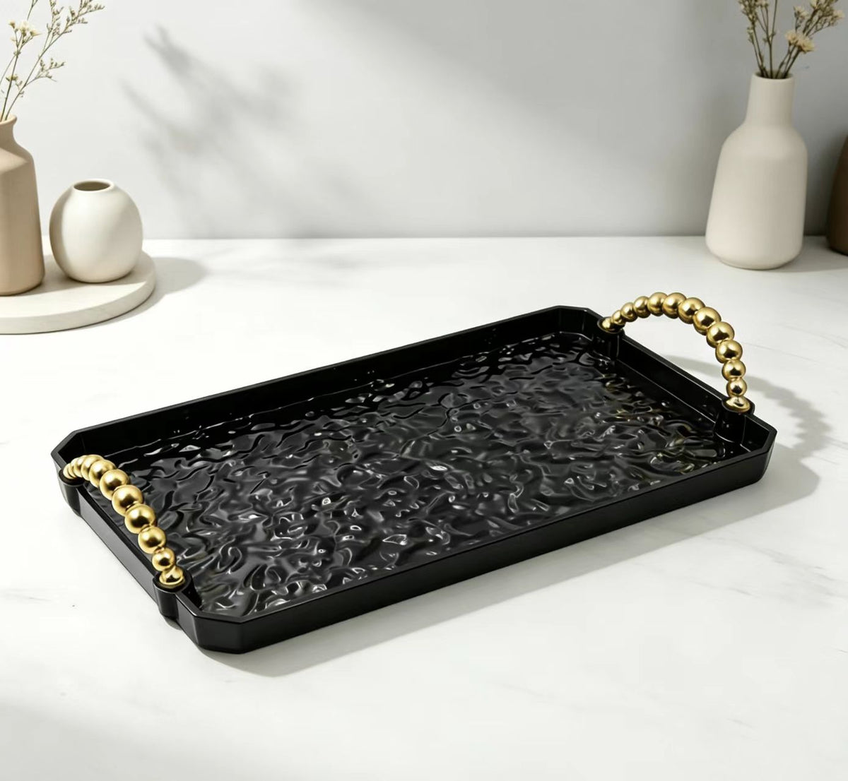 Matte Black Ripple Texture Rectangular Plastic Tray Modern Serving Platter Minimalist Countertop Organizer Decorative Tray