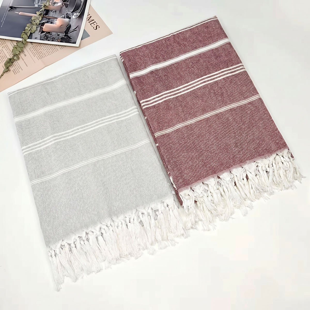 Large Cotton Striped Swim Towel With Tassel Fringe Absorbent Boho Beach Blanket 1x1.8m