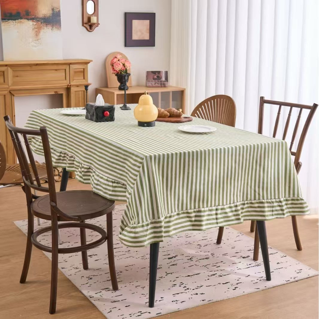 Vintage Striped Ruffle Tablecloth Rectangular Dining Table Cover