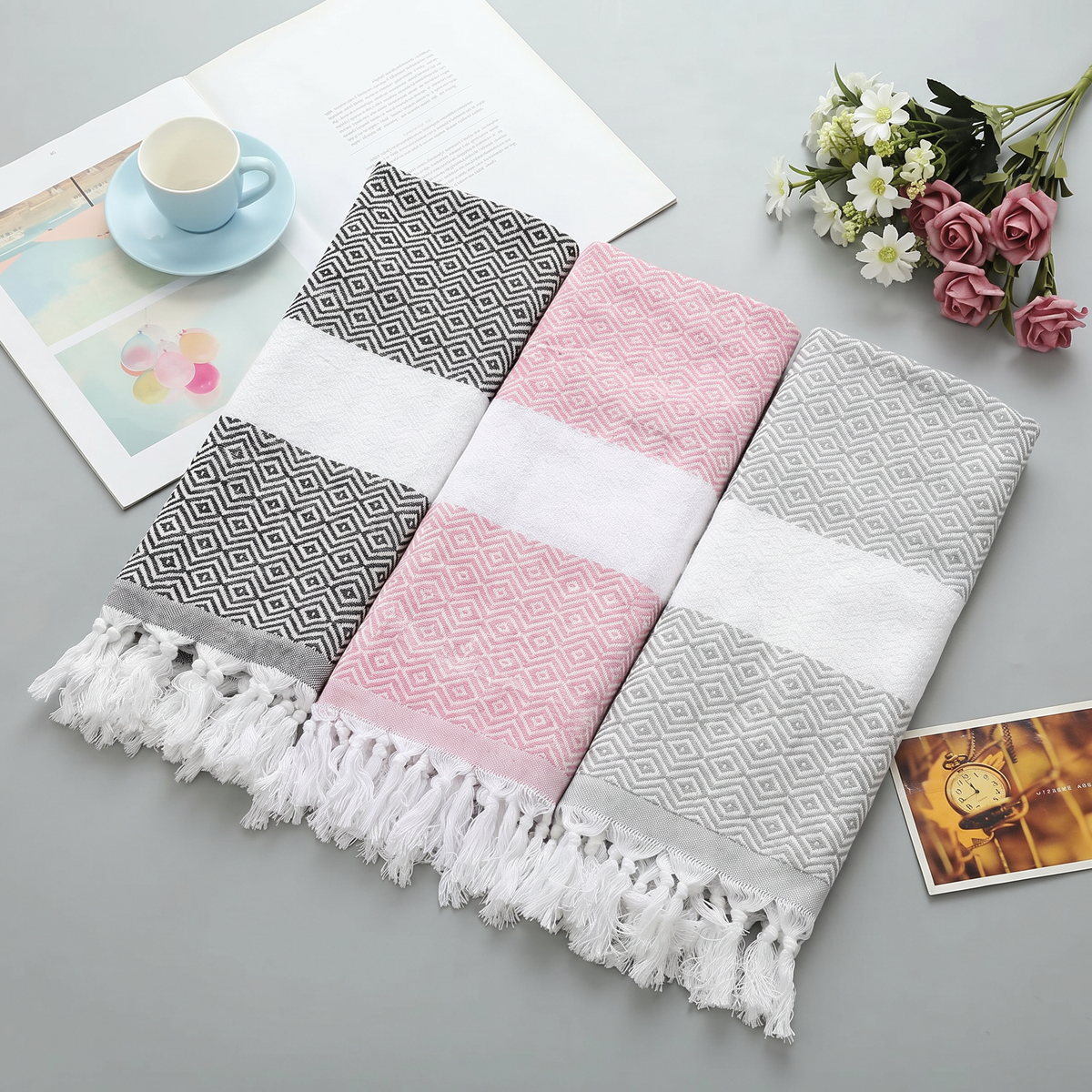 Cotton Turkish Beach Towel With Diamond Pattern Tassel Fringe Boho Swim Towel Picnic Blanket 1x1.8m