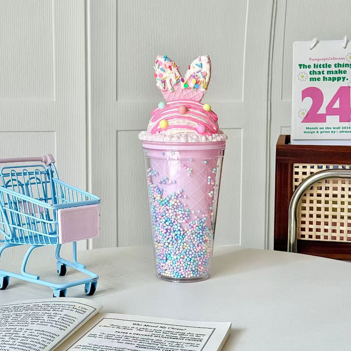 Bunny Double Wall Ice Crush Straw Cup 430ml – Cute Summer Portable Plastic Tumbler for Home & Office