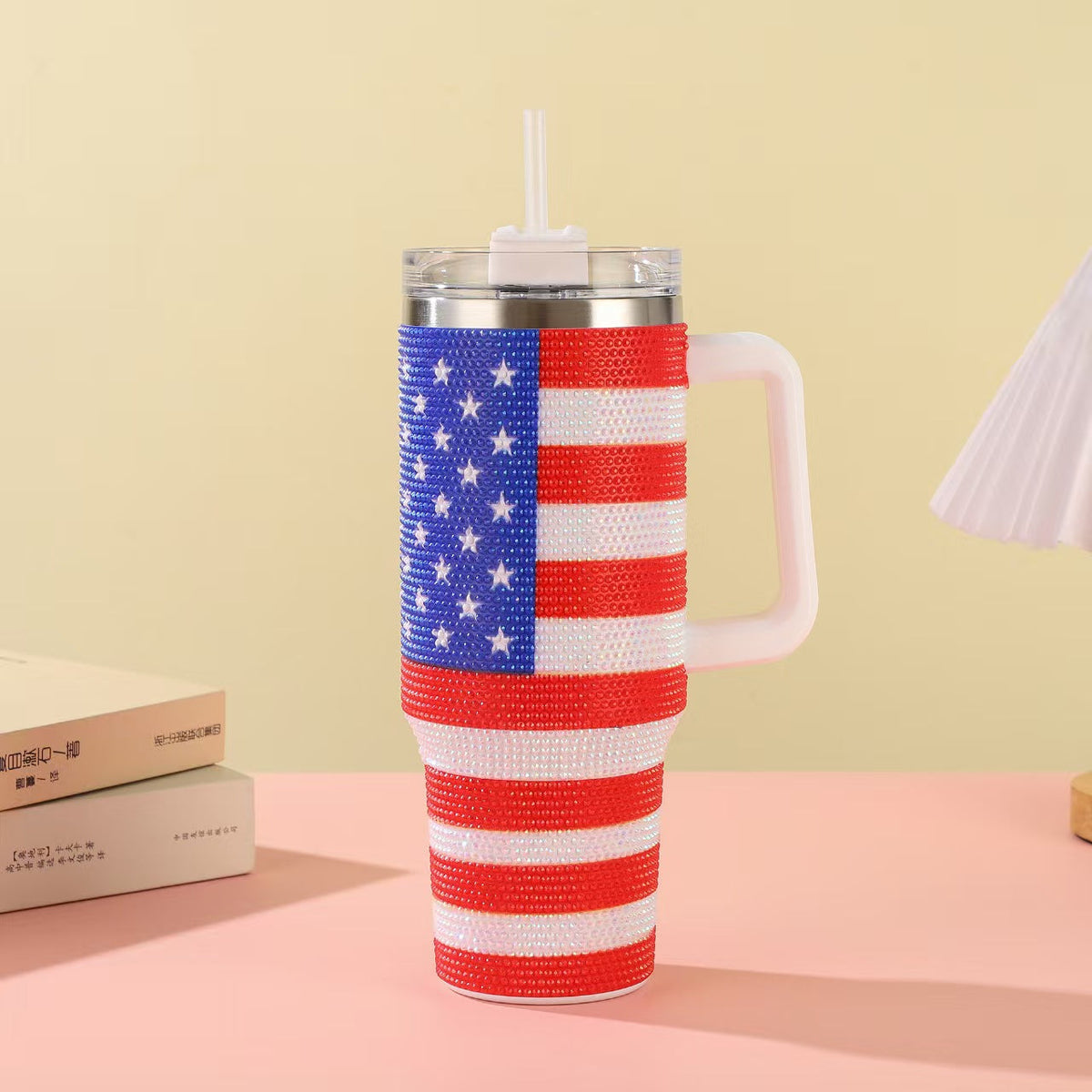 American Flag Rhinestone 40oz Stainless Steel Insulated Tumbler with Straw – Patriotic Sparkle Travel Mug