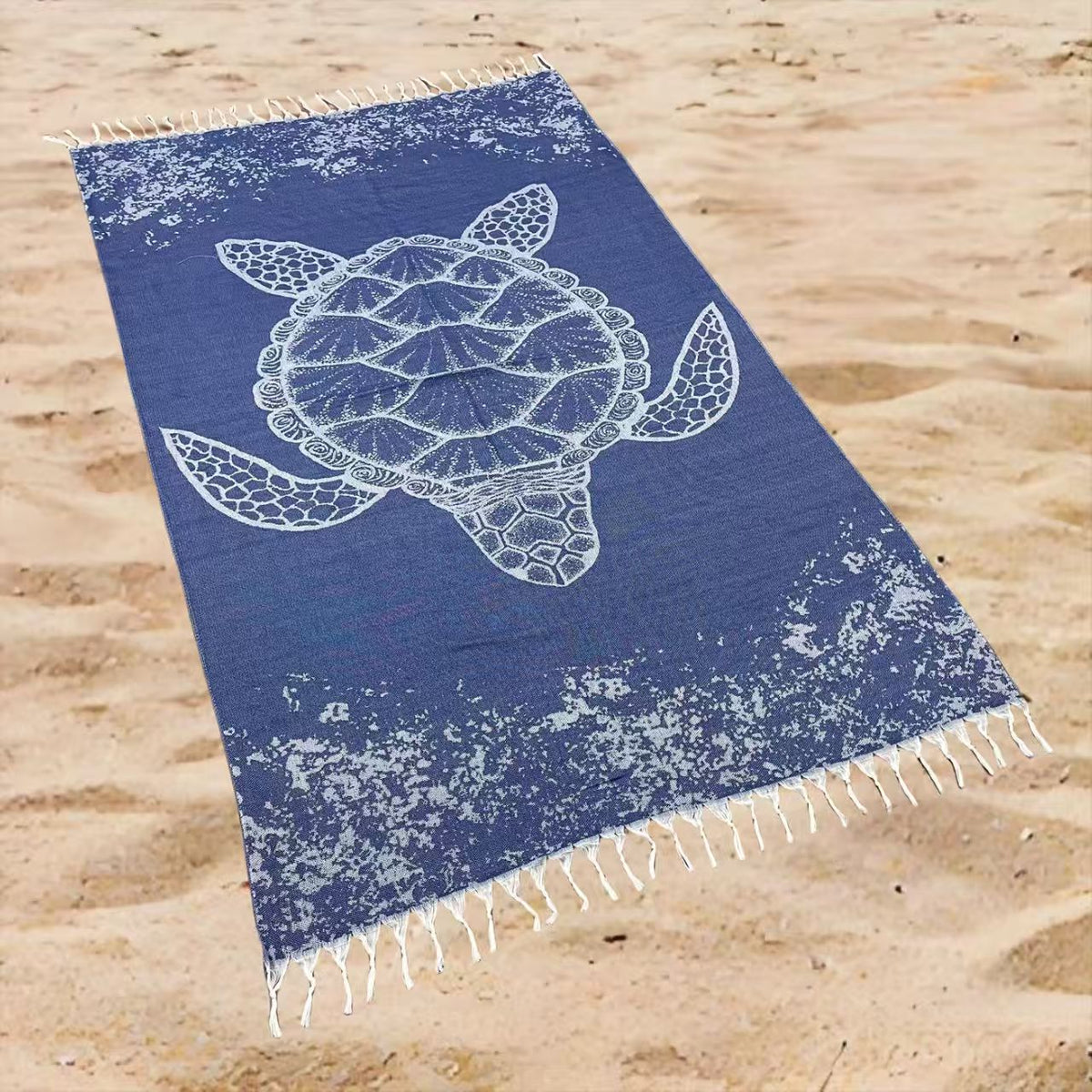 Oversized Ocean Turtle Print Beach Towel Rectangular Quick-Dry Absorbent Shawl Summer Beach Wrap Travel Blanket with Boho Tassel Trim
