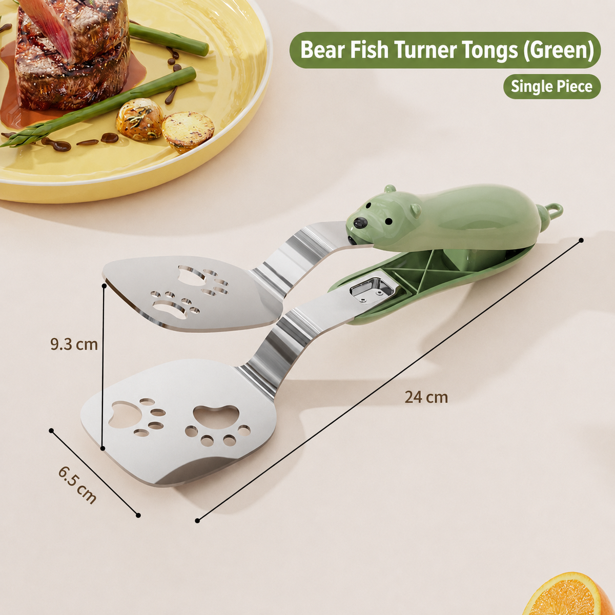Bear-Shaped Stainless Steel Kitchen Tongs –  Food Turner with Drain Holes, Lock Clip & Non-Slip Handle