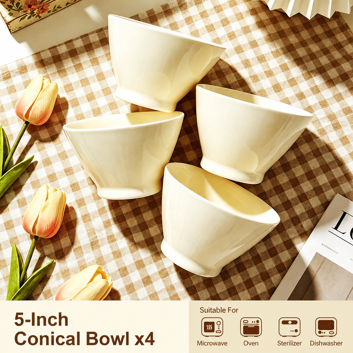 Cream Ceramic Serving Bowl – Elegant Tapered Dessert, Snack & Tableware Bowl