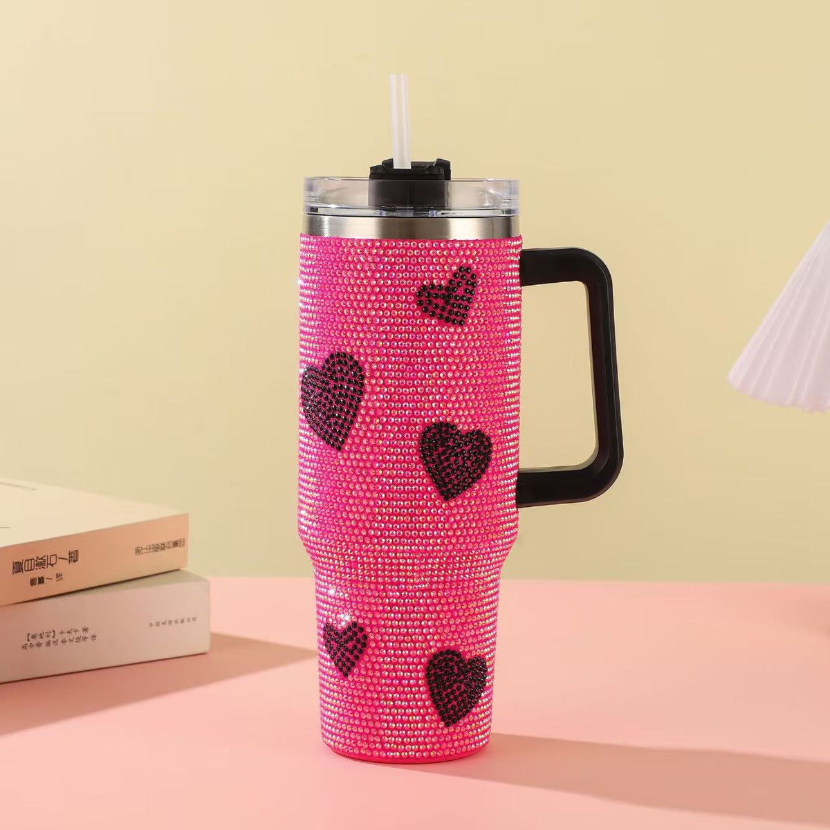 Pink Mood Rhinestone 40oz Vacuum Insulated Stainless Steel Tumbler with Straw – Chic Sparkle On-the-Go Cup