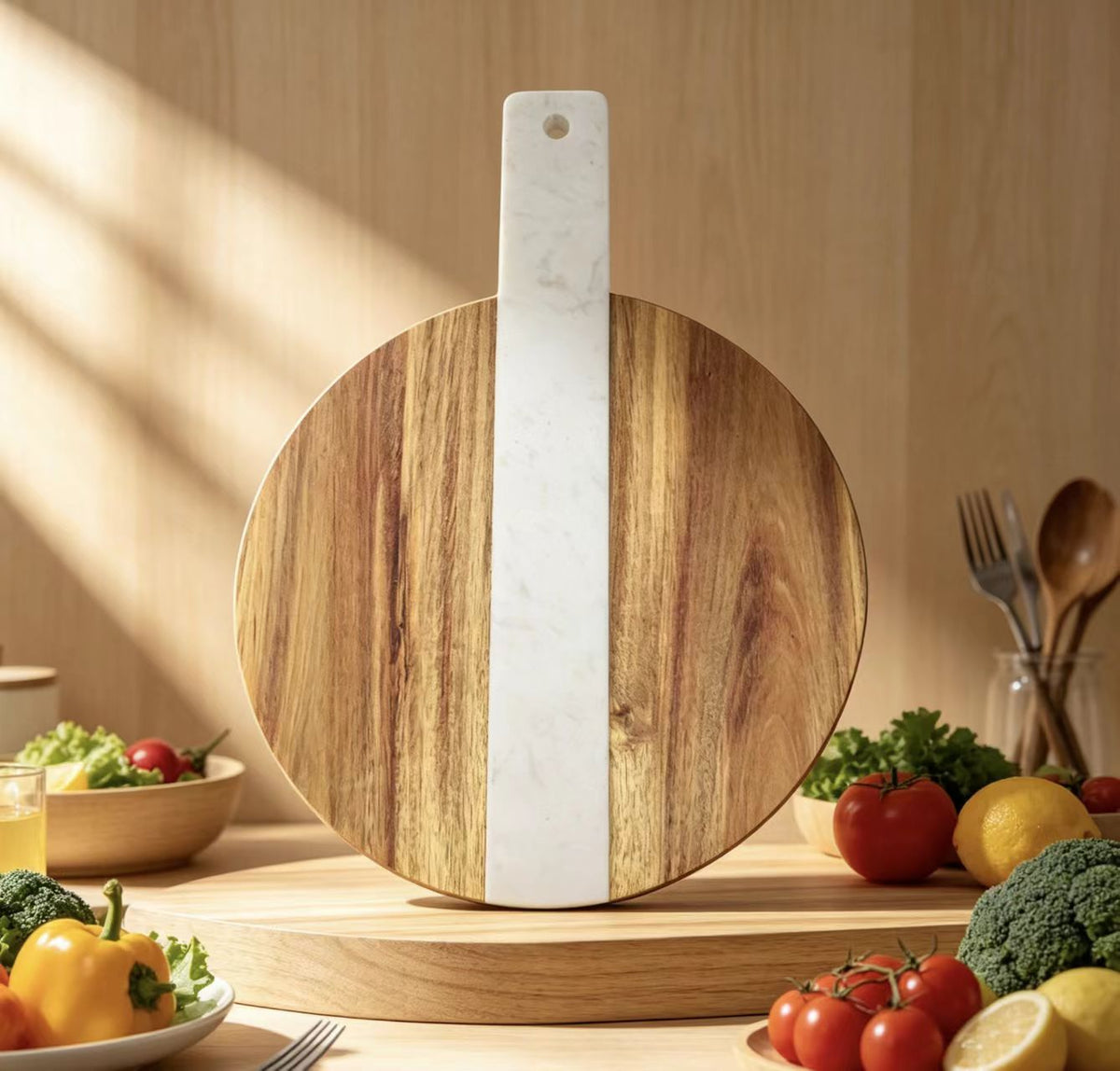 Round Acacia Wood and Marble Inlay Cutting Board with Handle Kitchen Chopping Board Serving Tray Modern Rustic Kitchen Tool