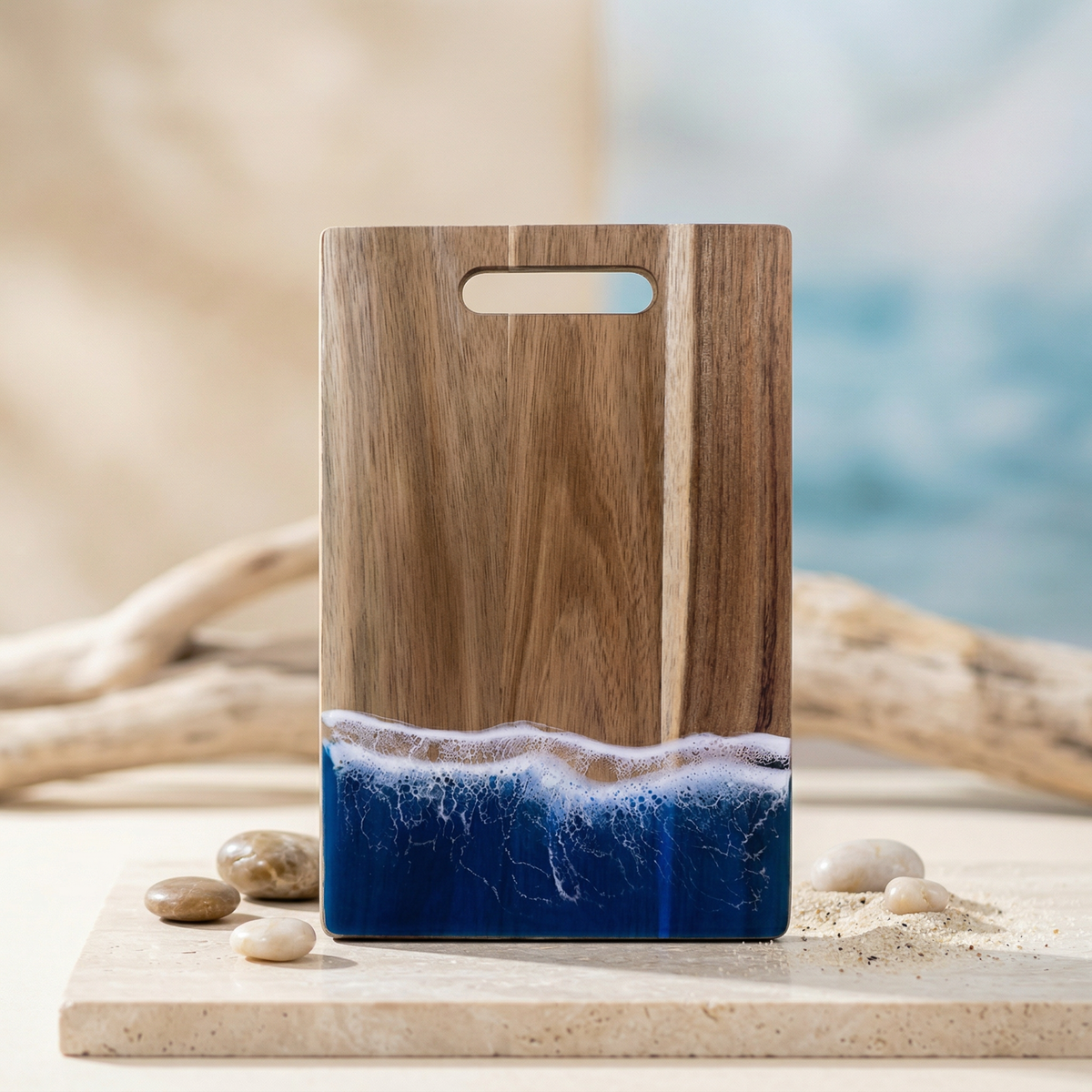 Blue Ocean Resin Rectangular Cutting Board with Hanging Hole Acacia Wood Epoxy Kitchen Serving Board