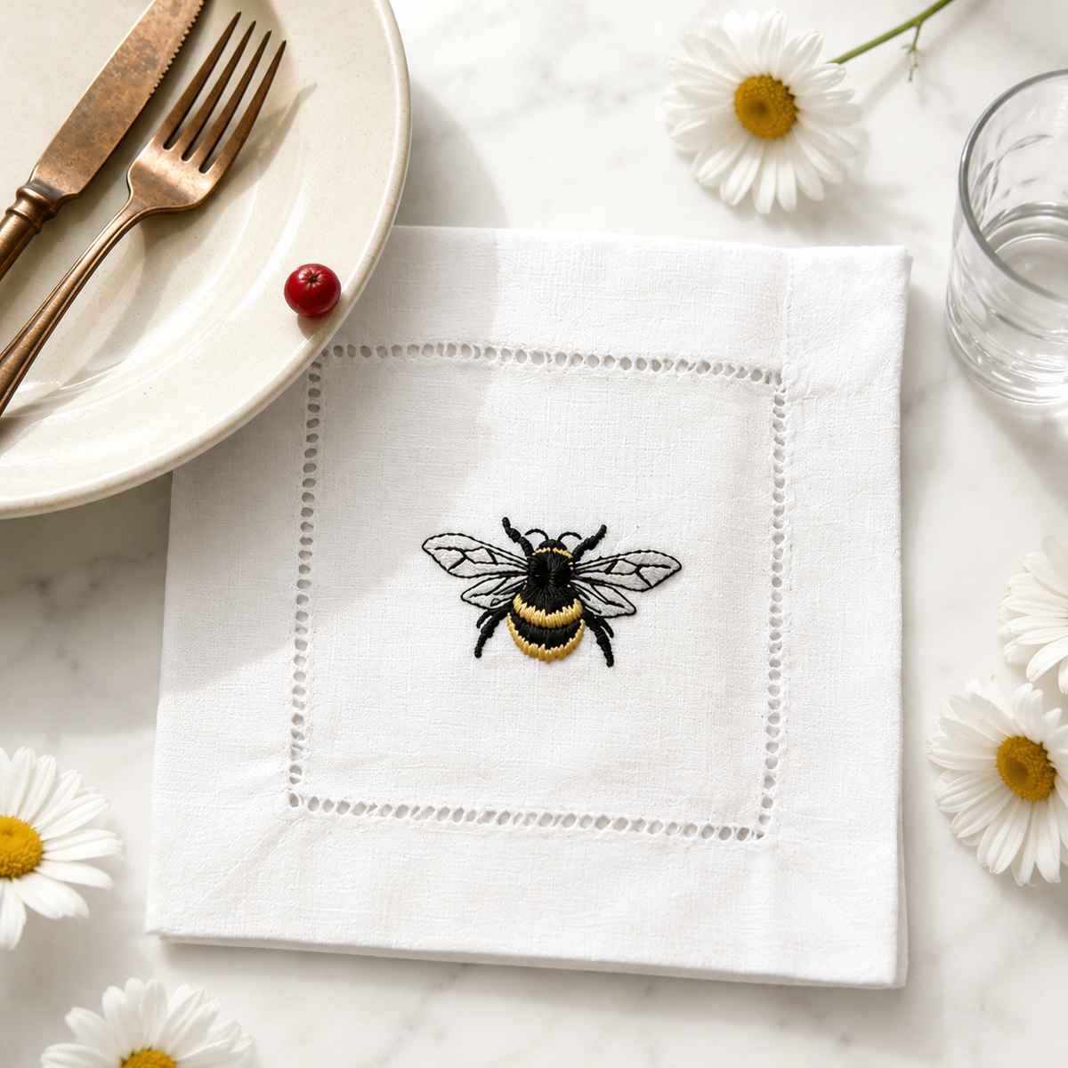 Bee Embroidered Linen Napkin – Decorative Table Linen for Dining & Entertaining