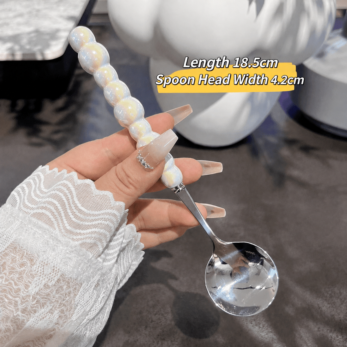 Decorative Stainless Steel Spoon – Beaded Bubble Handle Serving Spoon