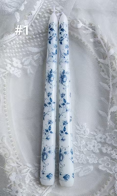 25cm Blue & White Porcelain Taper Candles – Set of 2
