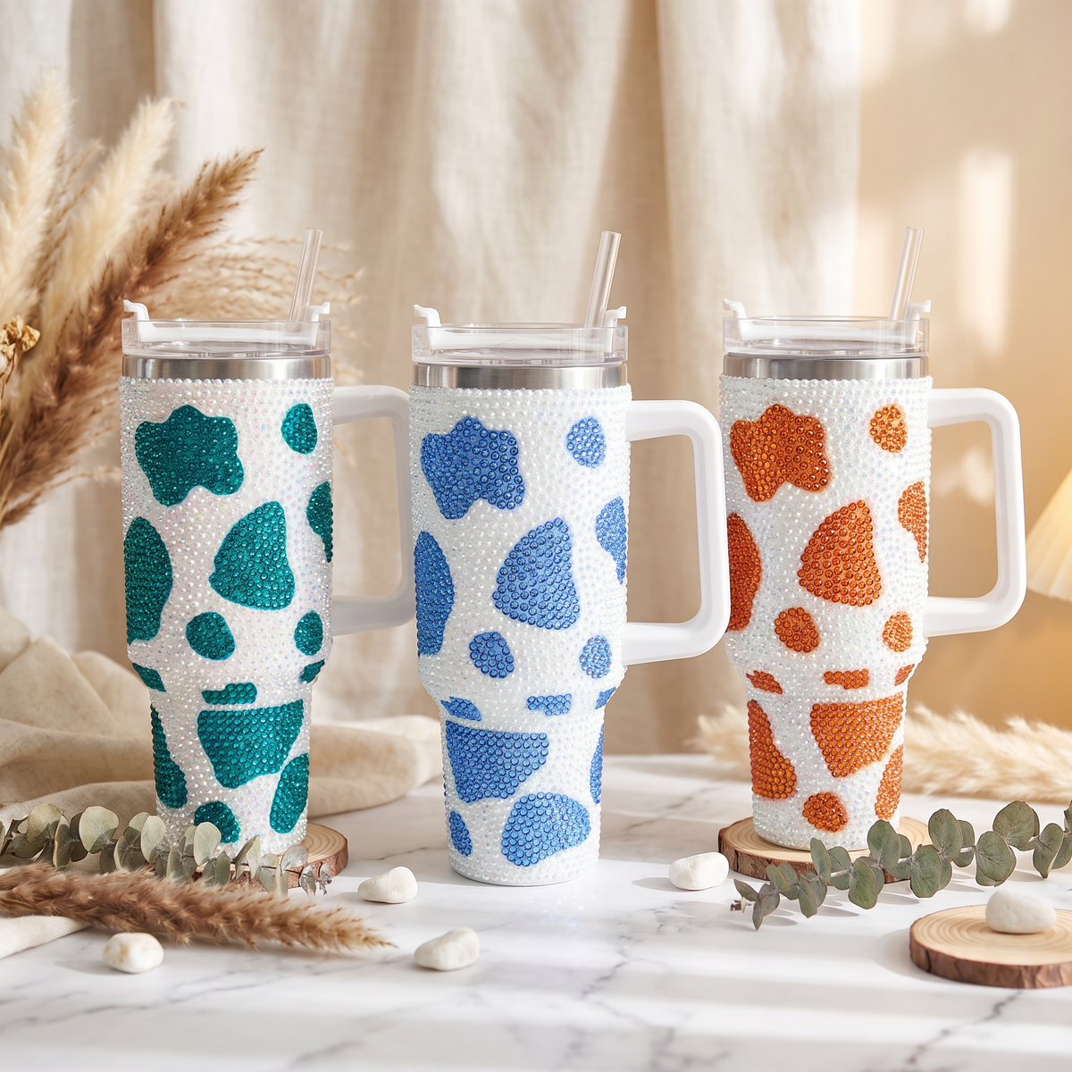 40oz Cow Print Sparkle Rhinestone Tumbler Stainless Steel With Handle Insulated Large Capacity Cup