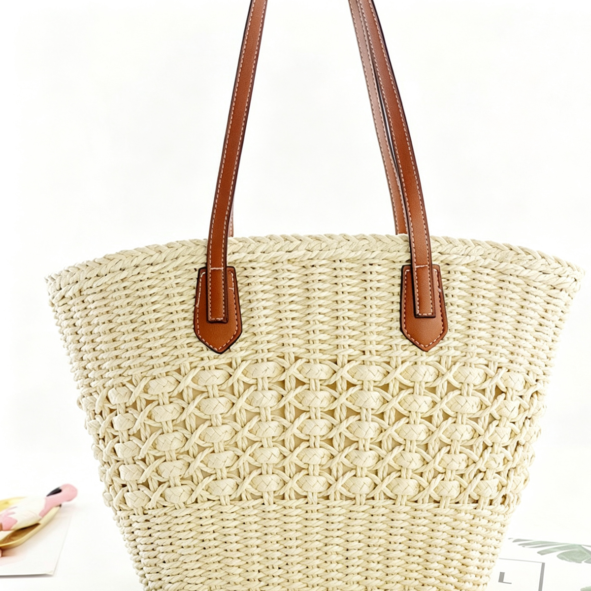 Vintage Woven Straw Bag – Medium Retro European Style Handbag with Cotton Blend Lining