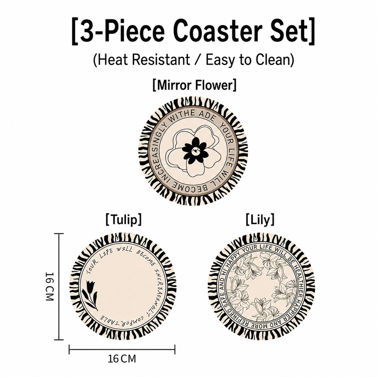 Vintage Floral Rubber Coaster Set of 3, Round Heat‑Resistant Cup Mats for Tabletop Protection
